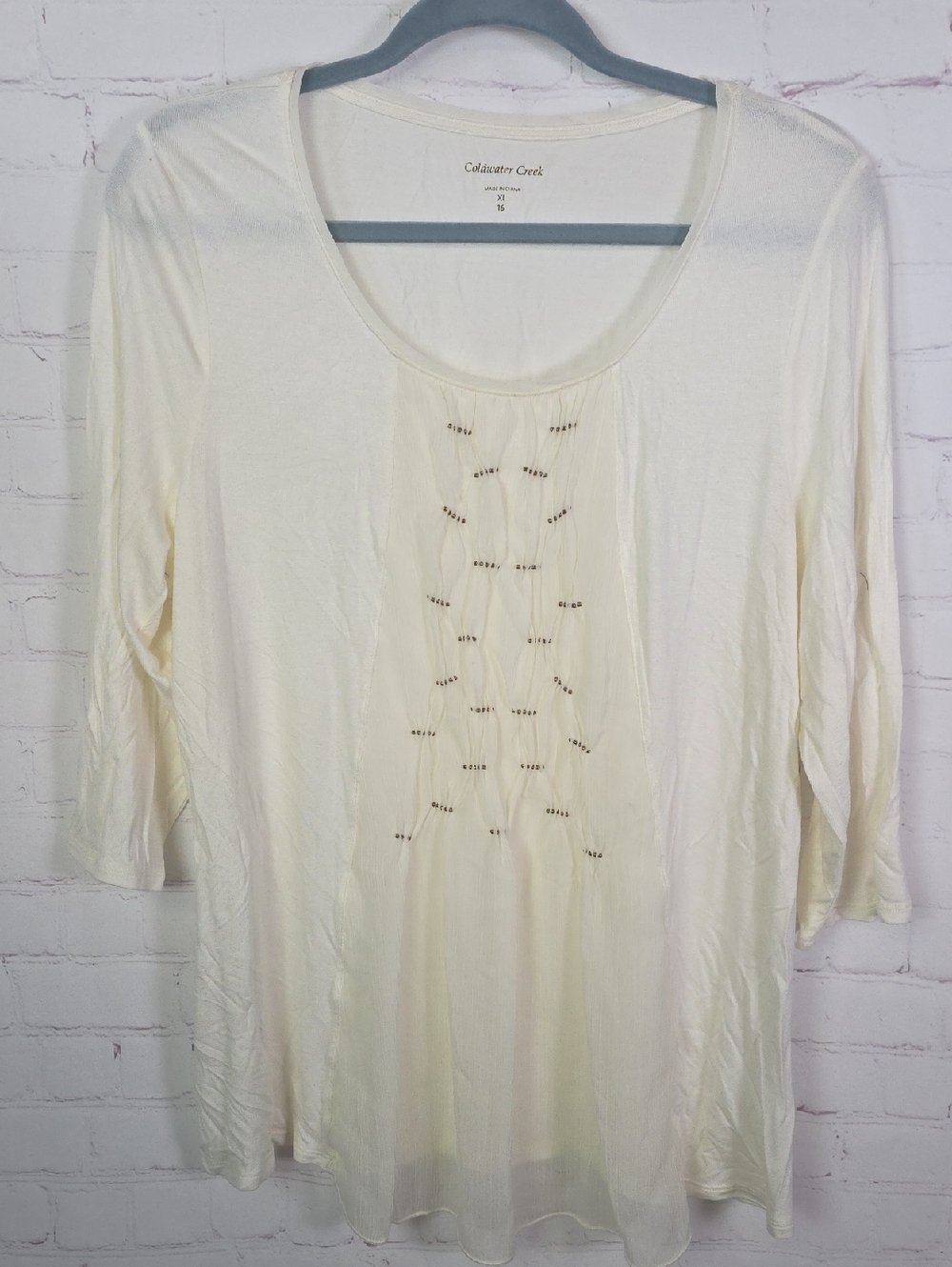 Coldwater Creek XL NWT Cream Scoop Neck 3/4 Sleeve Top with Front Beading